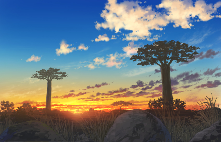 absurdres baobab blue_sky cloud commentary_request gradient_sky grass highres nature no_humans orange_sky original outdoors pei_(sumurai) rock savannah scenery sky sunset tree