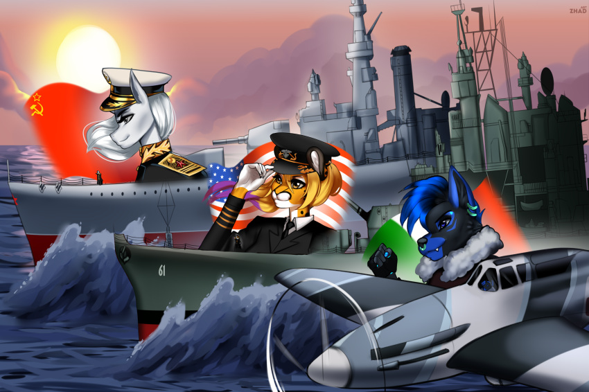 adele admiral aircraft airplane anthro battle battleship canid canine cheetah clothing digital_media_(artwork) ear_piercing ear_ring equid equine facial_piercing felid feline female female/female group hair hasbro hat headgear headwear hi_res horn horse italy luxie_(luxiesafaia) male male/female mammal my_little_pony mythological_creature mythological_equine mythology nose_piercing nose_ring piercing pony portait ring_piercing russian sailor sea septum_piercing septum_ring ship soviet_union trio unicorn uniform united_states_of_america upset vehicle warship water watercraft zhadart