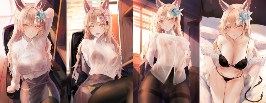 absurdres animal_ears black_bra black_panties blonde_hair blue_flower blush bra bra_visible_through_clothes breasts cleavage collarbone curtain_call_challenge_(meme) euphemia_chevalier female flower fox_ears fox_girl from_above grey_skirt hair_flower hair_ornament highres indie_virtual_youtuber looking_at_viewer looking_up meme midriff multiple_views naokomama navel office_lady panties pantyhose parted_lips shirt skirt smile underwear undressing virtual_youtuber white_shirt yellow_eyes