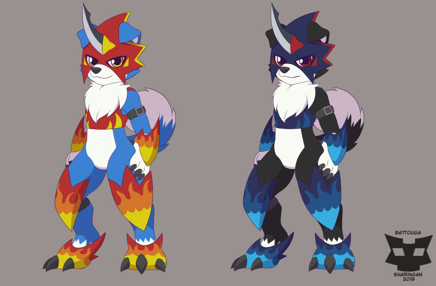 2019 armor bandai_namco battouga-sharingan black_body black_claws black_fur black_nose blue_body blue_fur canid canine claws clothing cosplay digimon digimon_(species) duo fingers flamedramon fur gaomon hi_res male mammal markings red_eyes red_markings signature tuft white_body white_fur yellow_eyes yellow_markings