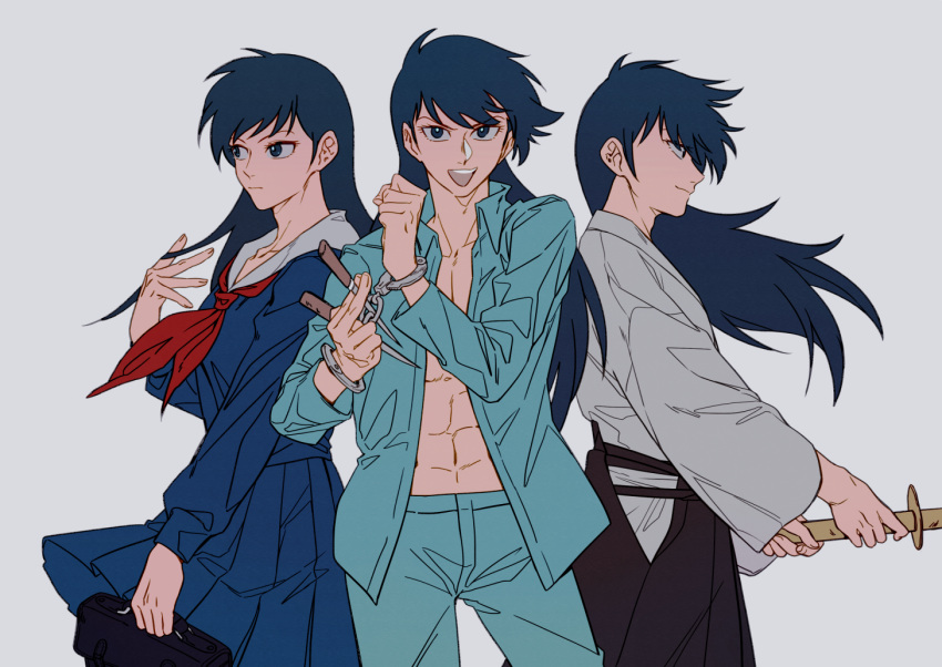 1boy abs androgynous black_hakama blue_hair blue_sailor_collar bound bound_wrists commentary_request crossdressing cuffs gakuen_taikutsu_otoko hakama hakama_skirt handcuffs japanese_clothes kendo looking_at_viewer male_focus midou_tatsuma morisenn multiple_persona neckerchief pleated_skirt restrained sailor_collar school_uniform serafuku simple_background skirt smile sword violence_jack weapon white_background wooden_sword