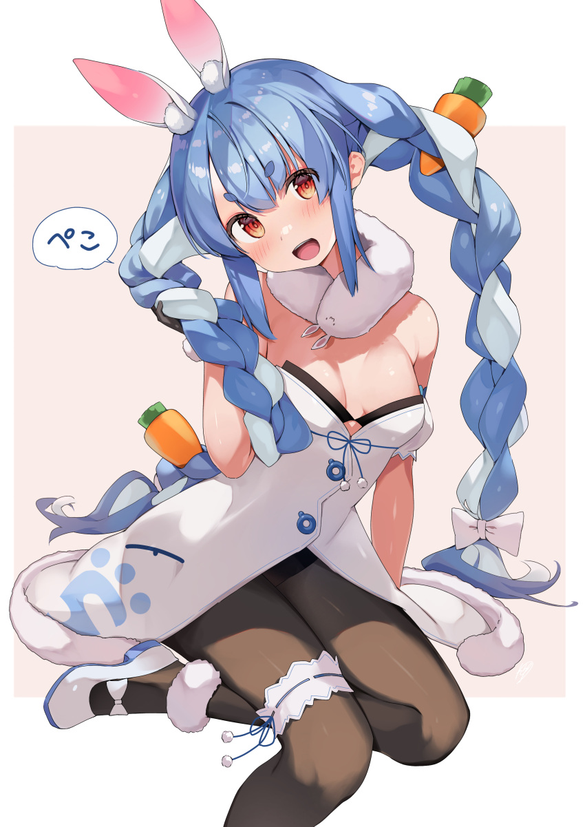 :d absurdres animal_ear_fluff animal_ears black_pantyhose blue_hair blush bow braid breasts bridal_garter carrot_hair_ornament don-chan_(usada_pekora) female food-themed_hair_ornament fur_scarf hair_ornament hairbow highres hololive long_hair looking_at_viewer medium_breasts multicolored_hair open_mouth pantyhose rabbit_ears rabbit_girl red_eyes shin_no_tenpii sitting smile solo thick_eyebrows twin_braids twintails two-tone_hair usada_pekora usada_pekora_(1st_costume) virtual_youtuber white_bow white_hair