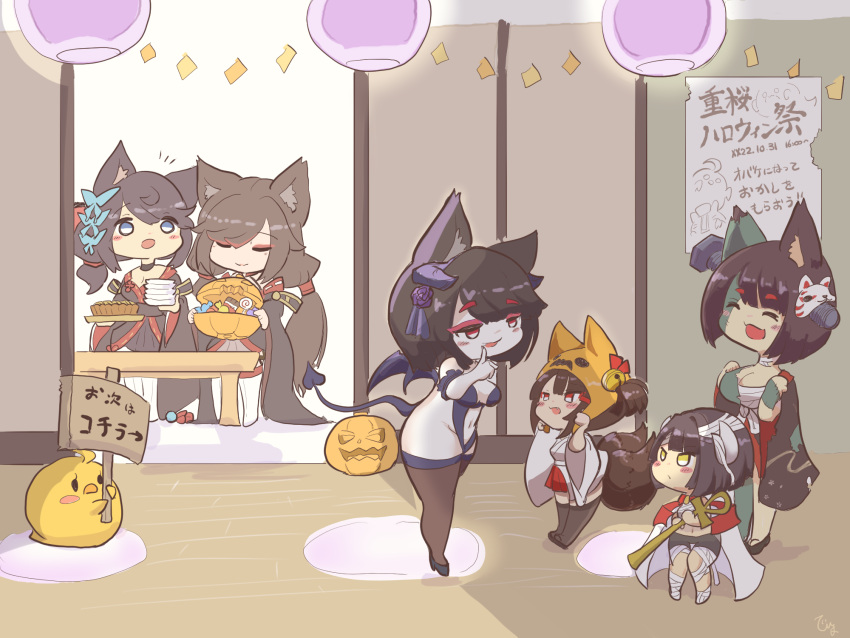 6+girls akagi-chan_(azur_lane) alternate_costume animal_ear_fluff animal_ears azur_lane bandages black_hair black_thighhighs blue_eyes bolt_(hardware) breasts brown_hair brown_tail brown_thighhighs cat_ears cat_girl chest_sarashi chibi colored_skin cosplay demon_tail food frankenstein's_monster frankenstein's_monster_(cosplay) full_body fusou_(azur_lane) fusou_(meta)_(azur_lane) green_skin grey_skin halloween_bucket halloween_costume hiei-chan_(azur_lane) highres himajin_(fd_jin) horns indoors large_breasts long_hair manjuu_(azur_lane) multiple_girls multiple_tails mummy_costume open_mouth red_eyes revealing_clothes sarashi short_hair stitches sweets tail thighhighs translation_request very_long_hair wide_sleeves yamashiro_(azur_lane) yamashiro_(meta)_(azur_lane)