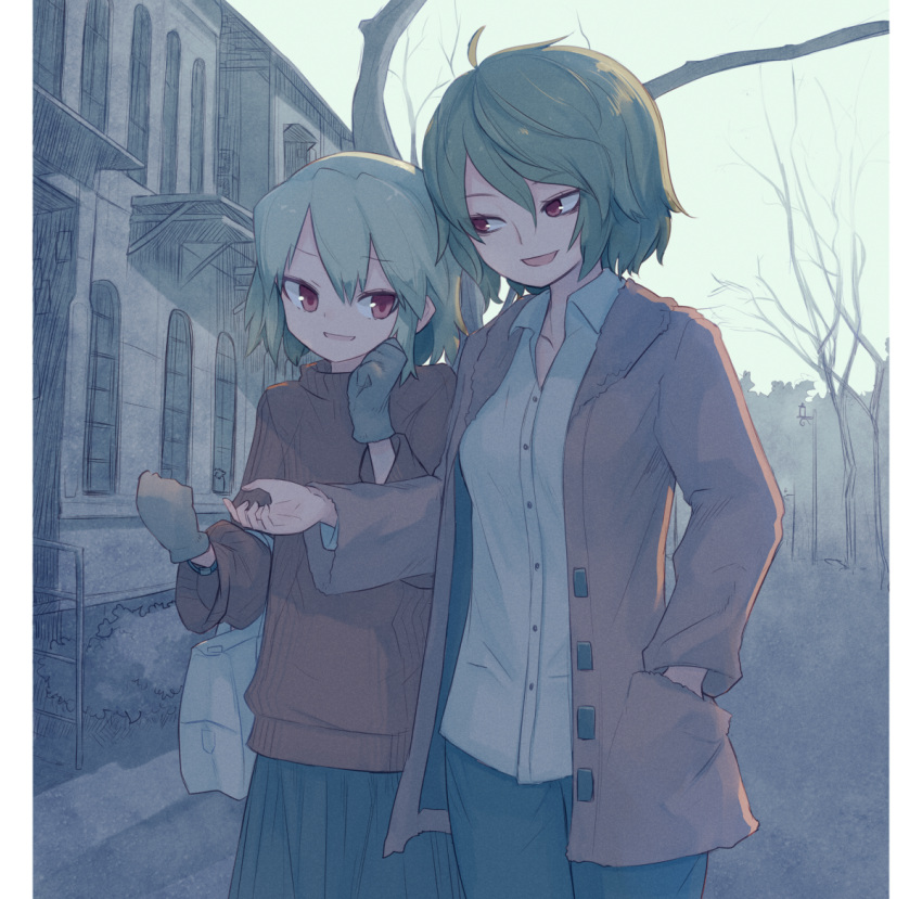 2girls akira_(cookie) alternate_costume bag bare_tree brown_jacket brown_sweater building collared_shirt commentary_request cookie_(touhou) cowboy_shot gloves green_hair green_skirt grey_gloves grey_pants hand_in_pocket handbag jacket kazami_yuuka lamppost long_sleeves looking_at_another looking_to_the_side macota_(cookie) mittens miyako_(naotsugu) multiple_girls open_mouth pants pillarboxed red_eyes shirt short_hair skirt sweater touhou tree white_shirt wing_collar