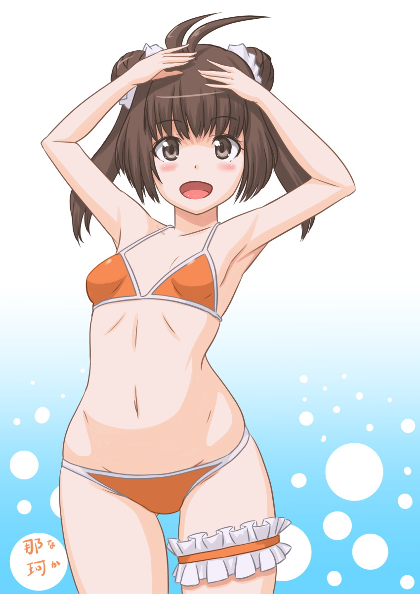 antenna_hair armpits arms_up bikini blue_background breasts bridal_garter brown_eyes brown_hair collarbone commentary_request double_bun female gradient_background hair_bun highres kantai_collection looking_at_viewer naka_(kancolle) orange_bikini small_breasts solo standing swimsuit t2r white_background