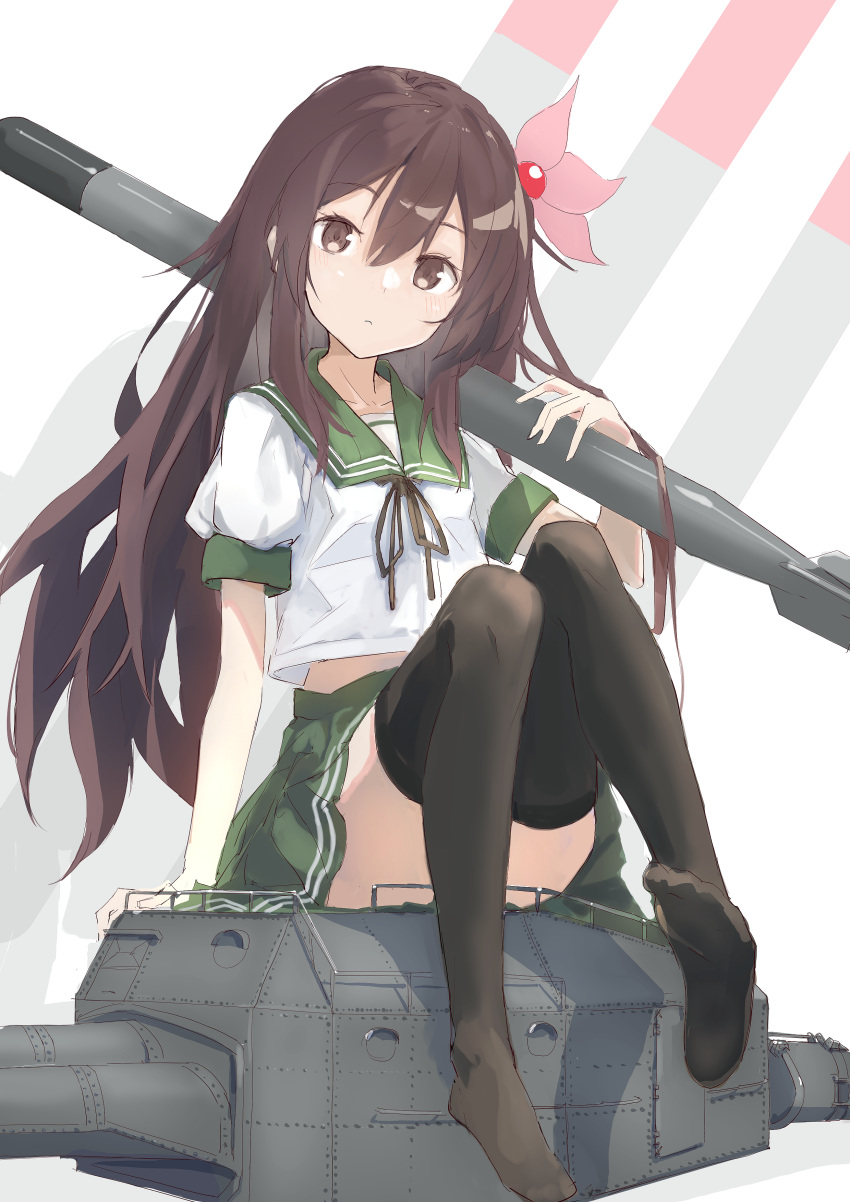 absurdres black_thighhighs blush brown_eyes brown_hair brown_ribbon chamu_(chammkue) closed_mouth collarbone female green_skirt hair_between_eyes hair_ornament highres holding holding_torpedo kantai_collection kisaragi_(kancolle) long_hair machinery neck_ribbon pleated_skirt ribbon school_uniform serafuku short_sleeves skirt solo thighhighs torpedo