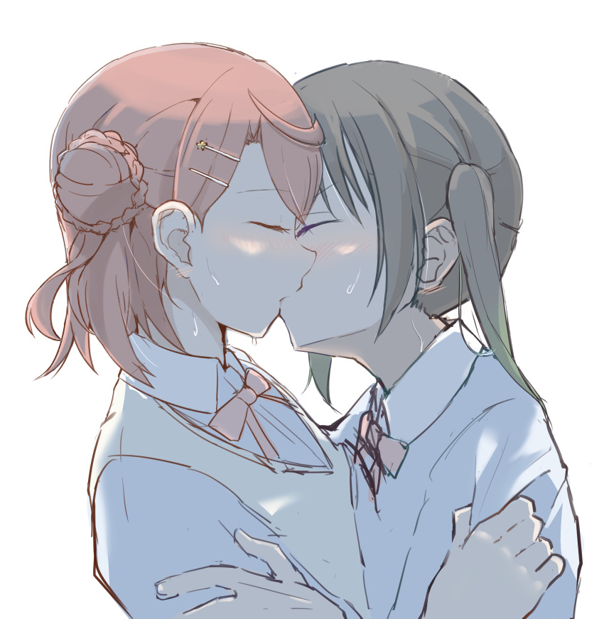 2girls absurdres ayumu_(ayumu3659) bad_id bad_twitter_id black_hair blue_shirt blunt_bangs blush braid braided_bun closed_eyes couple grabbing gradient_hair green_eyes green_hair hair_between_eyes hair_bun hair_ornament hairpin half_updo highres hug kissing love_live! love_live!_nijigasaki_high_school_idol_club medium_hair multicolored_hair multiple_girls neck_ribbon nijigasaki_school_uniform orange_hair pink_hair red_ribbon ribbon school_uniform shirt short_sleeves simple_background single_side_bun summer_uniform sweat sweater_vest swept_bangs takasaki_yu twintails two-tone_hair uehara_ayumu vest white_background white_vest yellow_eyes yuri