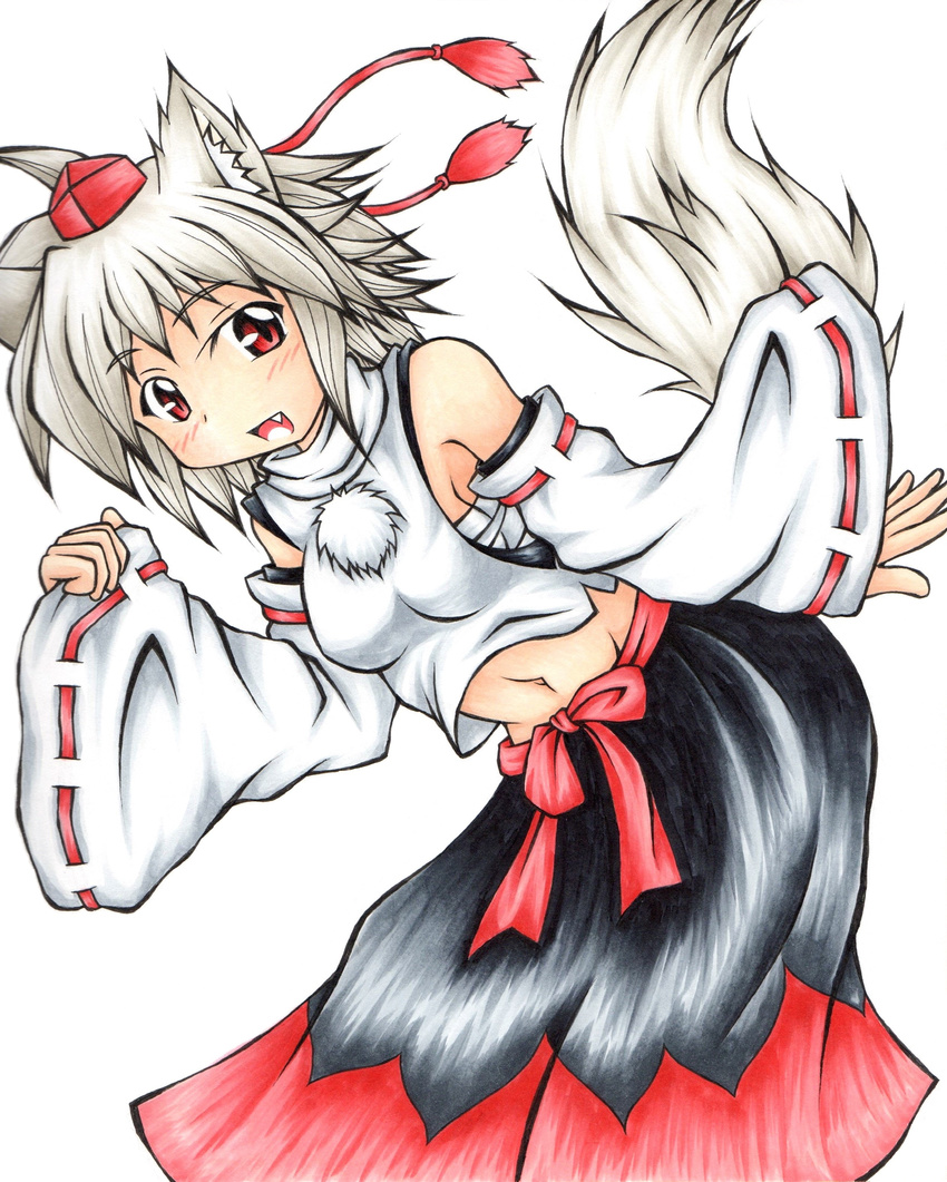 absurdres animal_ears bare_shoulders blush breasts commentary_request detached_sleeves female grey_hair happy hat highres inte_(whitewolftail) inubashiri_momiji long_skirt looking_at_viewer midriff navel oerba_yun_fang open_mouth red_eyes sarashi short_hair simple_background skirt small_breasts solo tail tokin_hat touhou white_background wolf_ears wolf_tail