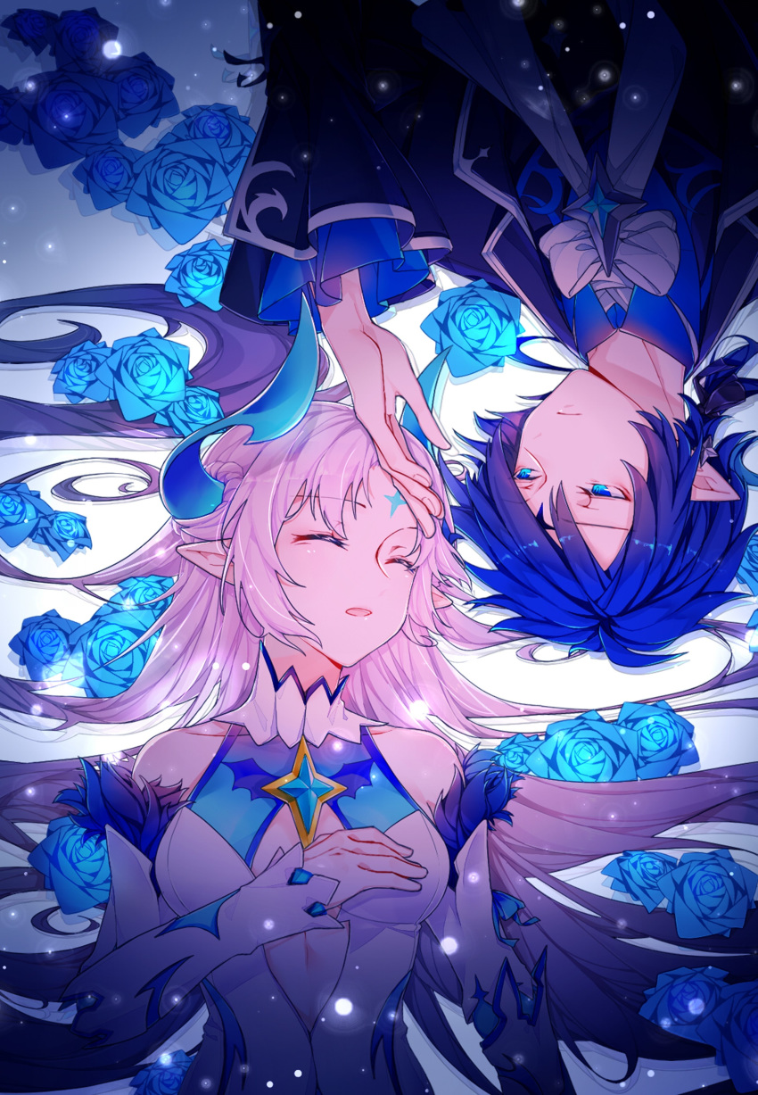 1boy absurdres an_(bfzann) bare_shoulders blue_hair blue_horns chevalier_(elsword) ciel_(elsword) commentary_request demon elsword female floral_background hand_on_forehead highres horns ishtar_(elsword) long_hair luciela_r._sourcream sleeping symbol white_hair