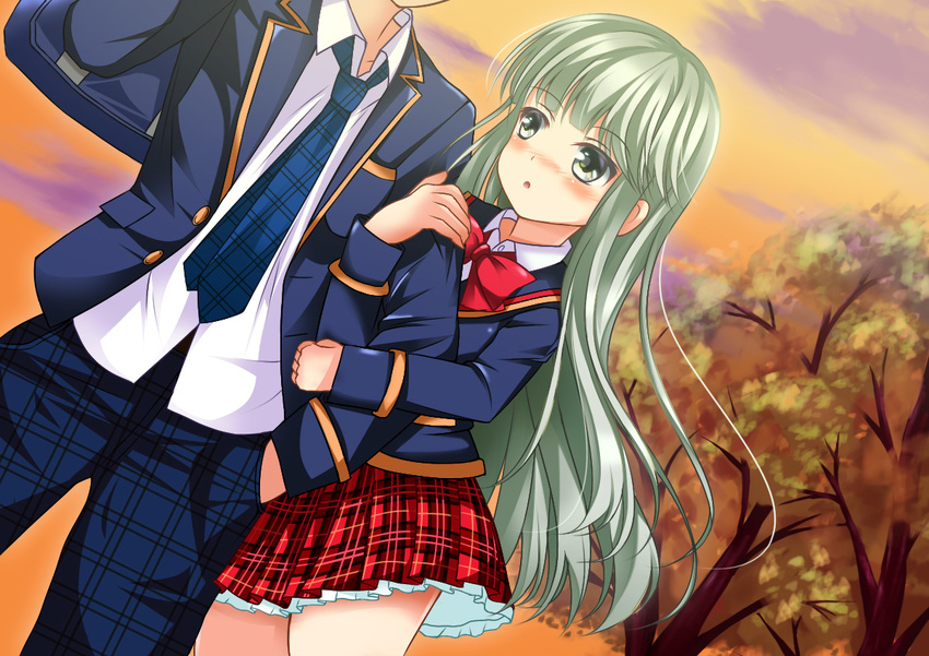 1boy :o autumn_leaves bag blazer blush bow bowtie collared_shirt commentary_request cowboy_shot female girlfriend_(kari) green_eyes green_hair hand_in_pocket head_out_of_frame holding_another's_arm jacket masaoka_mai necktie outdoors parted_lips photoshop_(medium) plaid plaid_skirt plant pleated_skirt red_skirt school_bag school_uniform shirt skirt solo_focus sunset tomaton tree