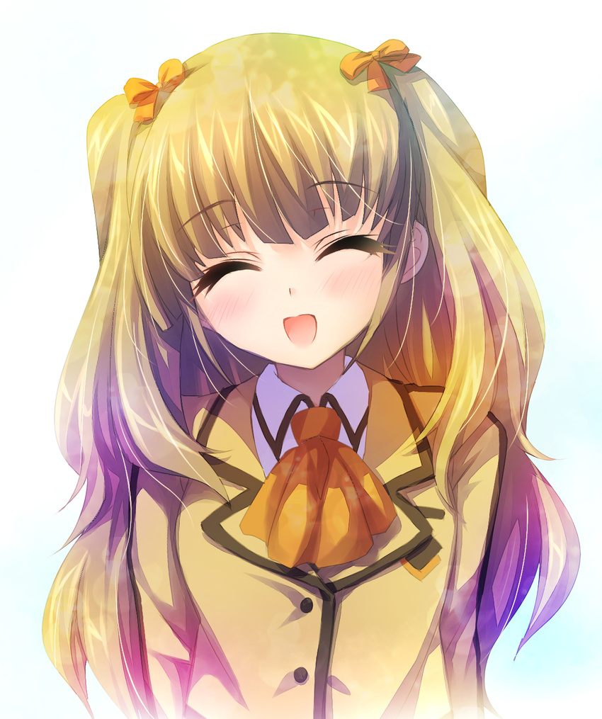 bad_id bad_pixiv_id brown_hair closed_eyes female highres hisanuma_sayu kinosaki_yuki long_hair mihama_junior_high_school_uniform nagi_no_asukara open_mouth photoshop_(medium) school_uniform smile two_side_up