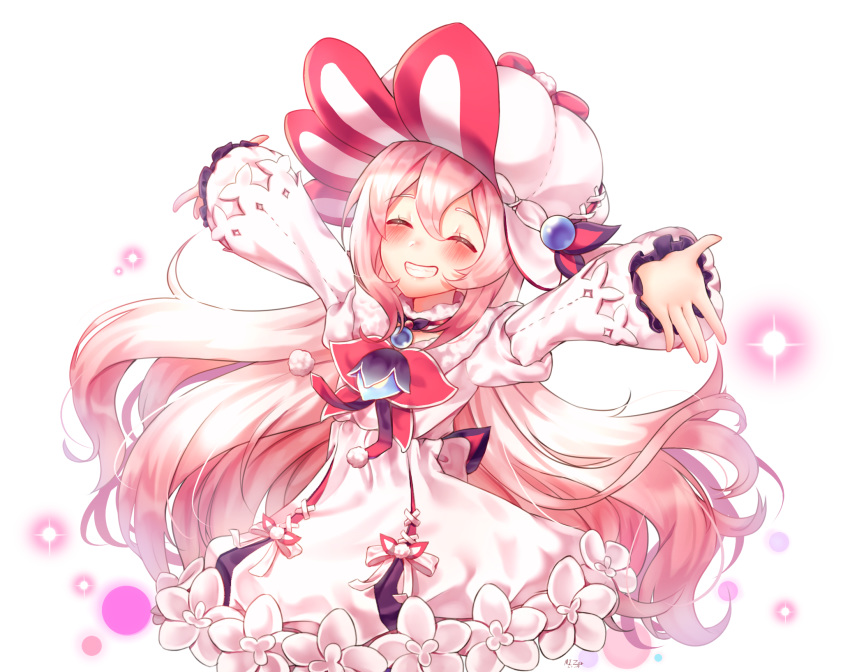 ^^^ ^_^ bad_id bad_pixiv_id blush bow cabbie_hat closed_eyes dress elsword female flower frilled_dress frills fur-trimmed_collar fur_trim grin hair_between_eyes happy hat hat_bow hat_flower highres laby_(elsword) lolita_fashion long_hair long_sleeves nuemi_(namja2012) outstretched_hand pink_bow pom_pom_(clothes) puffy_dress puffy_long_sleeves puffy_sleeves purple_eyes purple_ribbon ribbon sharp_teeth shining_romantica_(elsword) sidelocks smile solo sparkle swept_bangs teeth very_long_hair white_background white_bow white_dress white_flower white_hair white_hat