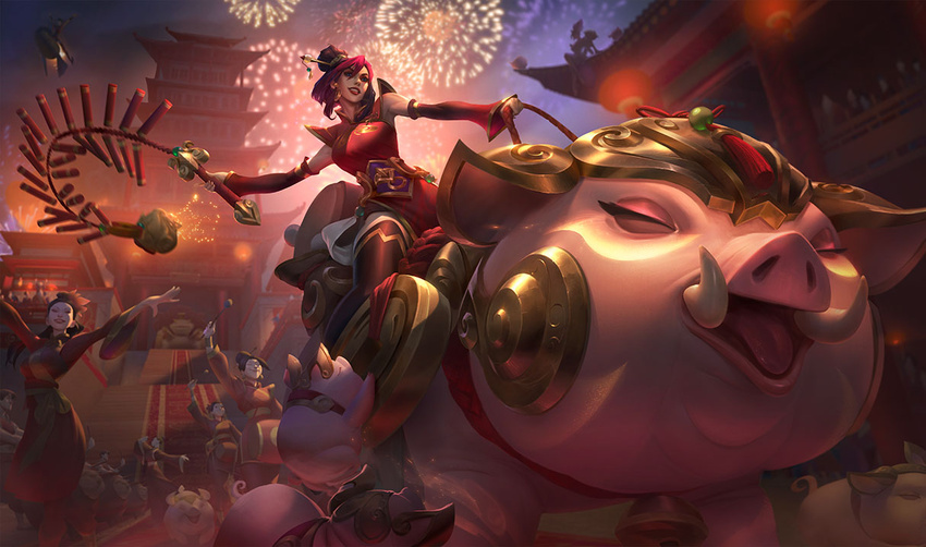 china_dress chinese_clothes dress firecracker_sejuani fireworks league_of_legends lipstick makeup multiple_girls official_art pig purple_hair sejuani short_hair