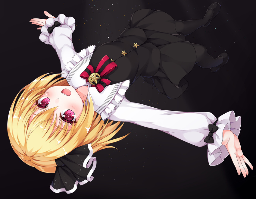 adapted_costume black_pantyhose blonde_hair colored_eyelashes commentary_request embellished_costume female hair_ribbon highres kitou_kaitai long_sleeves looking_at_viewer open_mouth outstretched_arms pantyhose pink_eyes red_eyes ribbon rumia short_hair skirt skirt_set smile solo spread_arms touhou upside-down