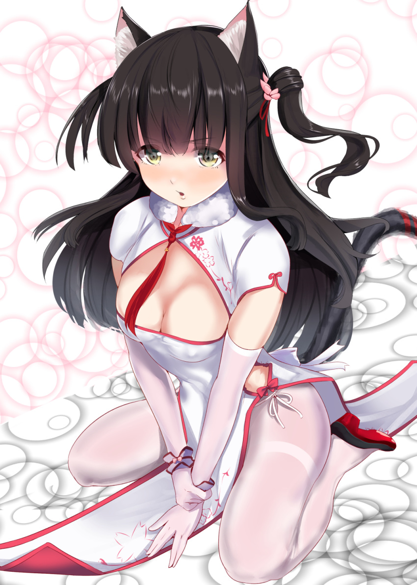 animal_ears azur_lane black_hair blush breasts cat_ears china_dress chinese_clothes cleavage commentary_request dress elbow_gloves female full_body gloves green_eyes hair_ornament highres long_hair looking_at_viewer official_alternate_costume pantyhose sandals schreibe_shura simple_background solo thighband_pantyhose white_pantyhose yuugure_(azur_lane) yuugure_(twilight_blossom)_(azur_lane)