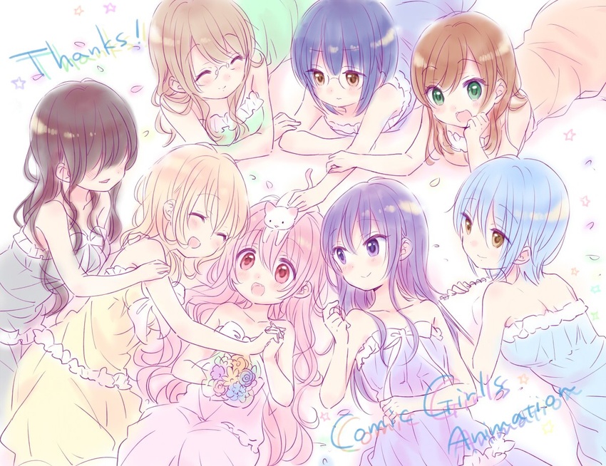 6+girls :d ^_^ amizawa_mayu black_hair blonde_hair blue_dress blue_hair blunt_bangs blush breasts brown_dress brown_eyes brown_hair closed_eyes closed_mouth comic_girls commentary_request dress feline flower frills fuura_suzu girl_sandwich glasses green_dress green_eyes grey_dress hair_between_eyes hair_over_eyes hanazono_ririka hand_on_shoulder hanzawa_kaori holding_hands irokawa_ruki katsuki_tsubasa koizuka_koyume long_hair medium_breasts moeta_kaoruko multiple_girls nijino_miharu nyaos open_mouth parted_lips pink_dress pink_eyes pink_hair purple_eyes purple_hair ribbon sandwiched short_hair small_breasts smile swept_bangs thank_you upper_body white_background yellow_dress yellow_eyes