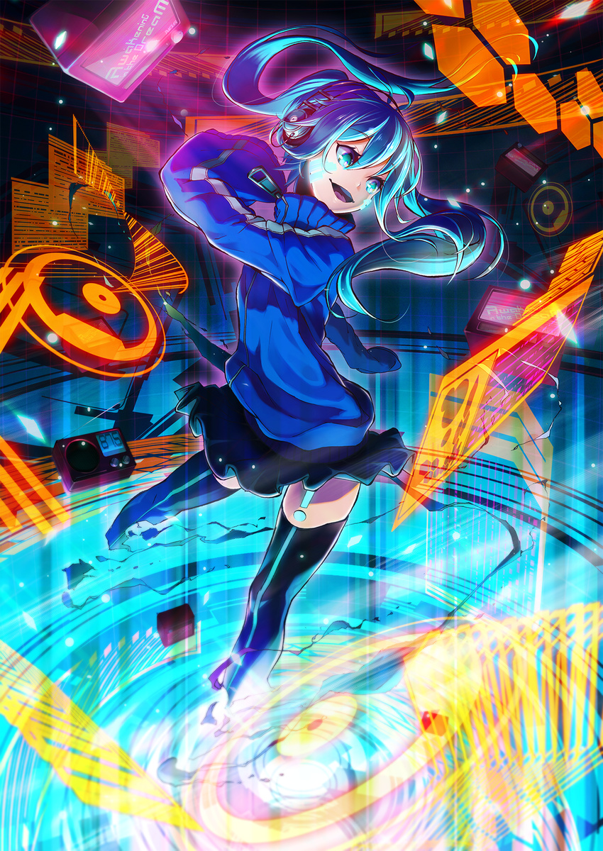 bad_id bad_pixiv_id black_thighhighs blue_eyes blue_hair ene_(kagerou_project) female fukurou_(suga0930) headphones highres hood hoodie kagerou_project long_hair skirt smile solo thighhighs twintails