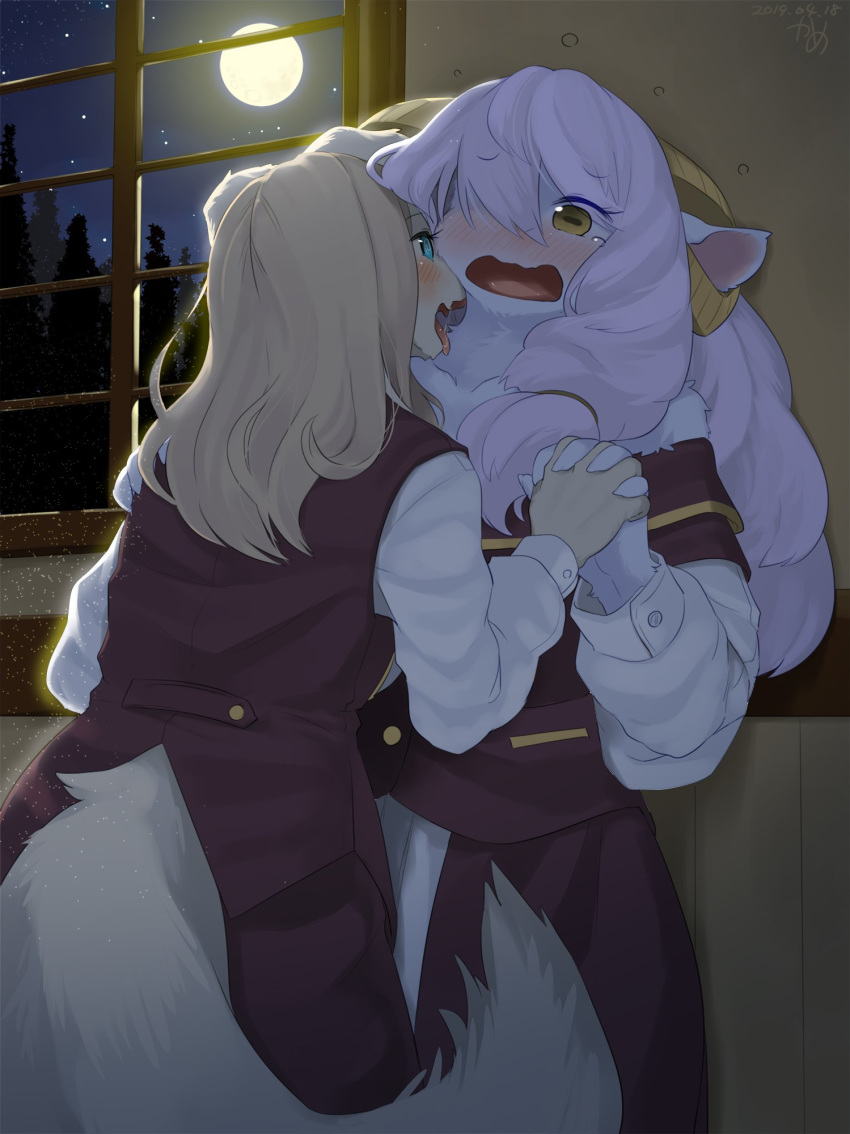 2girls blue_eyes brown_eyes brown_hair character_request copyright_request furry hand_holding kame_(3t) multiple_girls nighttime white_hair yuri