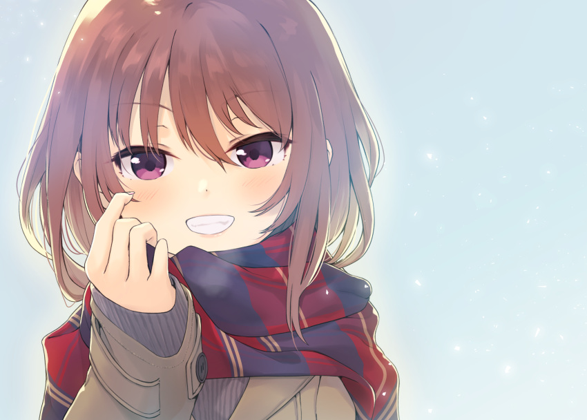 bad_id bad_pixiv_id brown_hair commentary_request female fingernails grin highres jacket long_fingernails looking_at_viewer medium_hair nail_polish original purple_eyes scarf simple_background smile solo sweater tamaki_fuyu upper_body