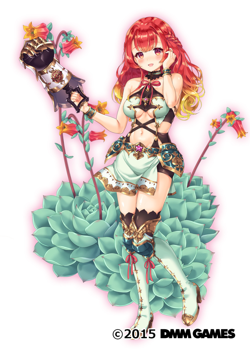 2015 armor black_thighhighs blonde_hair blush breasts cleavage company_name copyright_notice echeveria_(flower_knight_girl) echeveria_(plant) faulds female flower flower_knight_girl full_body gold_trim gradient_flower gradient_hair highres holding holding_weapon large_breasts long_hair looking_at_viewer multicolored_hair name_connection navel object_namesake official_art parted_lips pico_(p_i_c_o) red_eyes red_flower red_hair smile solo standing standing_on_one_leg star_(symbol) thighhighs two-tone_hair underboob weapon white_background yellow_flower