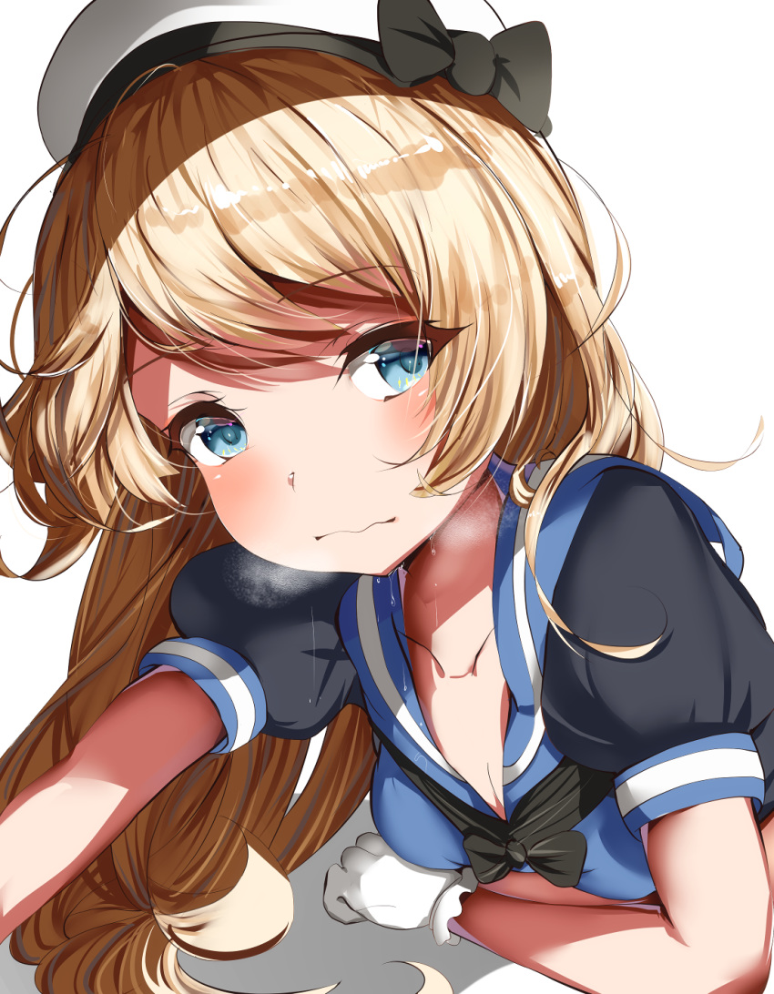 belko_(style) blonde_hair blue_eyes blue_sailor_collar breath close-up commentary_request dress female gloves hat highres jervis_(kancolle) kantai_collection lying on_stomach parody partial_commentary puffy_short_sleeves puffy_sleeves sailor_collar sailor_dress sailor_hat short_sleeves simple_background solo style_parody takashia_(akimototakashia) upper_body wavy_mouth white_background white_gloves white_hat