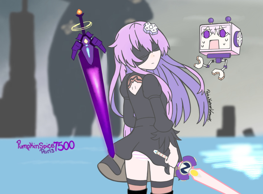 2b_(nier:automata) 2b_(nier:automata)_(cosplay) black_blindfold blindfold cosplay covered_eyes d-pad d-pad_hair_ornament feather-trimmed_sleeves female hair_ornament highres holding holding_sword holding_weapon md5_mismatch nepgear nepgyaa neptune_(series) nier:automata nier_(series) pumpkinspice7500 self-upload sword watermark weapon