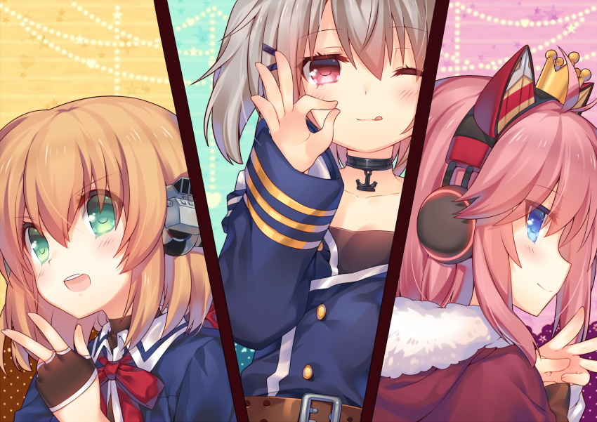 3girls blonde_hair blue_eyes blush cat_ear_panties collarbone crown green_eyes grey_hair headphones heermann_(warship_girls_r) highres looking_at_viewer medium_hair multiple_girls murasame_(warship_girls_r) one_eye_closed open_mouth panties pink_hair portrait shenbei_xiaoqiu simple_background tirpitz_(warship_girls_r) underwear warship_girls_r