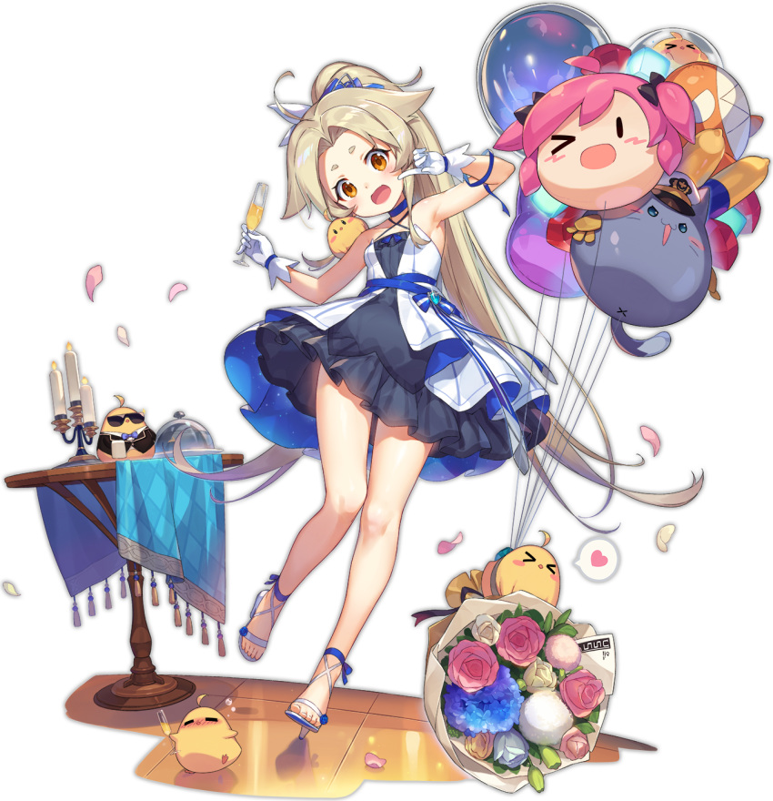 >_< ahoge azur_lane balloon bare_shoulders blonde_hair blue_dress blue_ribbon blush bouquet breasts brown_eyes candle cavalla_(azur_lane) cavalla_(colorful_ceremony)_(azur_lane) chandelier criss-cross_halter dress drunk eagle_union_(emblem) expressions female fire flower frilled_dress frills gloves hair_ornament halterneck heart high_heels highres layered_dress long_hair looking_at_viewer manjuu_(azur_lane) meowfficer_(azur_lane) oerba_yun_fang official_alternate_costume official_art open_mouth ponytail ribbon round_table sandals short_eyebrows sleeveless sleeveless_dress small_breasts smile spoken_heart standing suika01 sunglasses table toeless_footwear transparent_background very_long_hair white_dress white_gloves