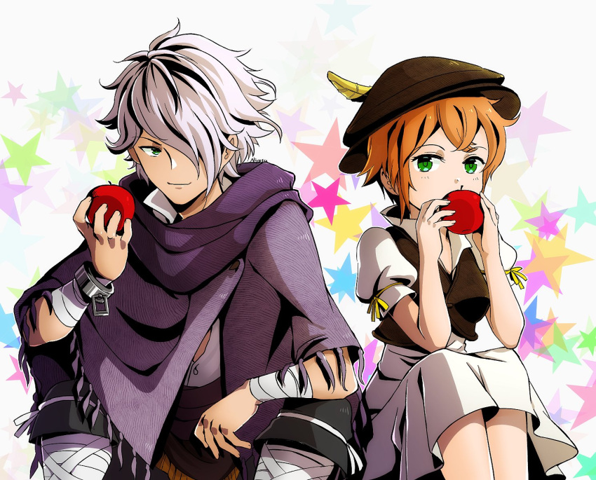 1boy apple bracelet brown_hair cloak dress female food fruit green_eyes hair_over_one_eye hat highres jewelry necklace niyasu octopath_traveler octopath_traveler_i open_mouth scarf short_hair simple_background smile therion_(octopath_traveler) tressa_colzione white_hair