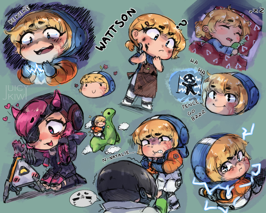 1boy ? absurdres animification apex_legends apron black_hair black_jacket blue_sweater bodysuit brown_apron character_name chibi clip_studio_paint_(medium) cloud crypto_(apex_legends) cyber_punked_wattson electricity english_commentary eyepatch female flower green_background highres hood hooded_jacket horns jacket kneeling looking_back loot_tick mechanical_arms nessie_(respawn) one_eye_covered open_mouth orange_jacket pants petting pink_hair pout scar scar_on_cheek scar_on_face scared short_hair single_mechanical_arm sleeping smile stuffed_toy sweater wattson_(apex_legends) white_bodysuit white_pants wiki_(juicykiwi)