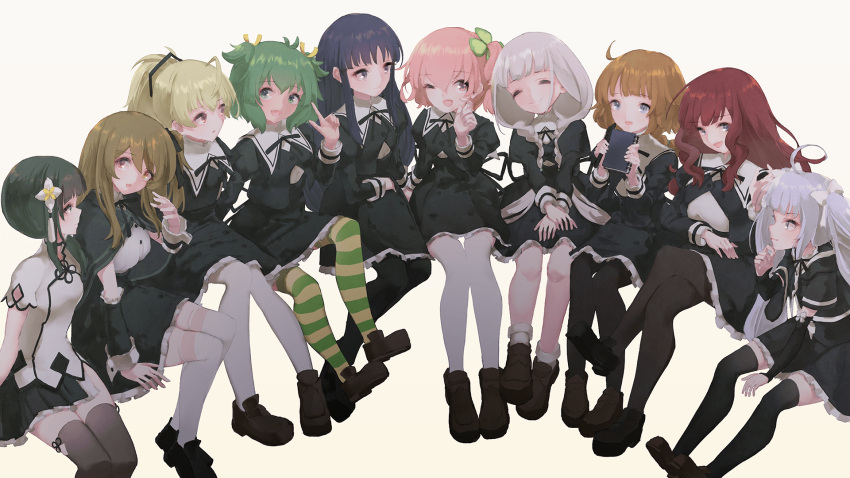 6+girls :d ;d ahoge andou_tazusa arm_at_side arm_cutout assault_lily beige_background black_capelet black_choker black_footwear black_hair black_legwear black_ribbon black_skirt blonde_hair blue_eyes blunt_bangs bow braid braided_ponytail brown_footwear brown_hair buttons capelet choker closed_eyes closed_mouth clothing_cutout clover_hair_ornament collared_shirt commentary_request cropped_jacket crossed_legs detached_sleeves dress_shirt flower four-leaf_clover_hair_ornament frilled_skirt frilled_sleeves frills futagawa_fumi green_eyes green_legwear grey_hair grey_legwear hair_between_eyes hair_flower hair_ornament hair_over_shoulder hair_ribbon hairbow hand_on_own_chin hand_up hands_on_lap hands_up heterochromia high-waist_skirt highres hitotsuyanagi_riri hitotsuyanagi_yuri holding holding_pen holding_sketchbook index_finger_raised invisible_chair juliet_sleeves kaede_johan_nouvel knees_together_feet_apart kuo_shenlin legs_together loafers long_hair long_sleeves looking_at_another looking_at_viewer low_ponytail low_twin_braids miniskirt miriam_hildegard_von_gropius multicolored_clothes multicolored_legwear multiple_girls neck_ribbon oerba_yun_fang one_eye_closed one_side_up open_mouth pantyhose parted_lips pen pink_eyes pink_hair pleated_skirt ponytail profile puffy_sleeves purple_eyes red_eyes ribbon school_uniform shiki_hakana shirai_yuyu shirt shoes short_hair short_sleeves side-by-side side_ponytail side_slit sidelocks simple_background single_braid sitting sketchbook skin_fang skirt smile socks striped_clothes striped_thighhighs tassel thighhighs twin_braids twintails two_side_up very_long_hair wang_yujia white_bow white_flower white_legwear white_shirt yellow_eyes yellow_legwear yellow_ribbon yoshimura_thi_mai yurigaoka_girls_academy_school_uniform zettai_ryouiki