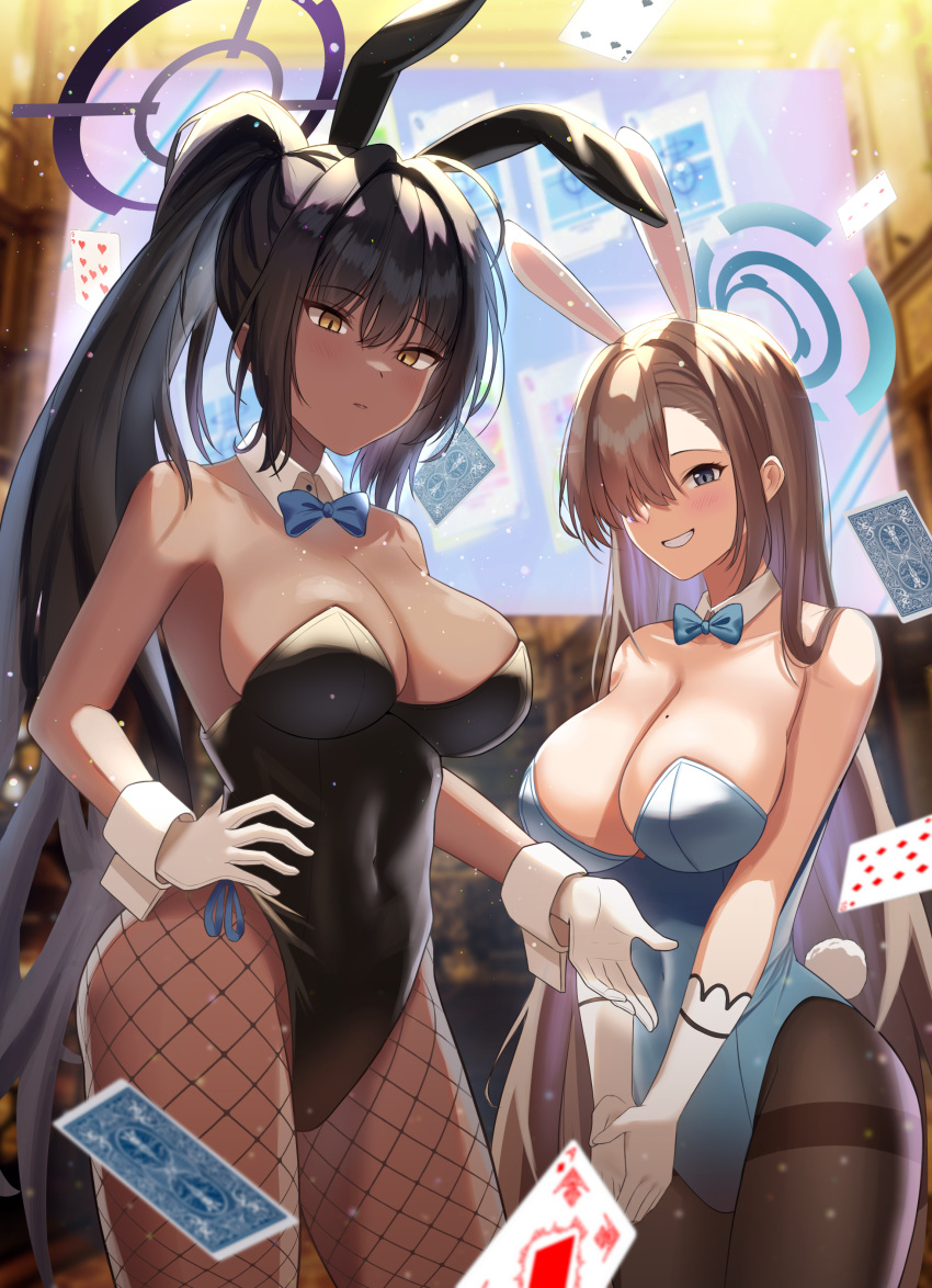 2girls :d absurdres ace_(playing_card) ace_of_diamonds animal_ears asuna_(blue_archive) asuna_(bunny)_(blue_archive) bare_shoulders black_hair black_leotard blonde_hair blue_archive blue_bow blurry blurry_background bow bowtie breasts brown_hair card card_(medium) cleavage closed_mouth covered_navel dark-skinned_female dark_skin detached_collar diamond_(shape) fake_animal_ears fishnet_pantyhose fishnets four_of_clubs gloves grey_eyes hair_between_eyes hair_over_one_eye halo hand_on_own_hip highleg highleg_leotard highres holographic_monitor karin_(blue_archive) karin_(bunny)_(blue_archive) large_breasts leotard long_hair looking_at_viewer mole mole_on_breast multiple_girls official_alternate_costume open_mouth outstretched_hand own_hands_together pantyhose parted_bangs playboy_bunny playing_card ponytail rabbit_ears rabbit_tail rahy ribbon sideboob sidelocks slit_pupils smile strapless strapless_leotard tail thighband_pantyhose three_of_diamonds traditional_bowtie very_long_hair white_gloves wrist_cuffs