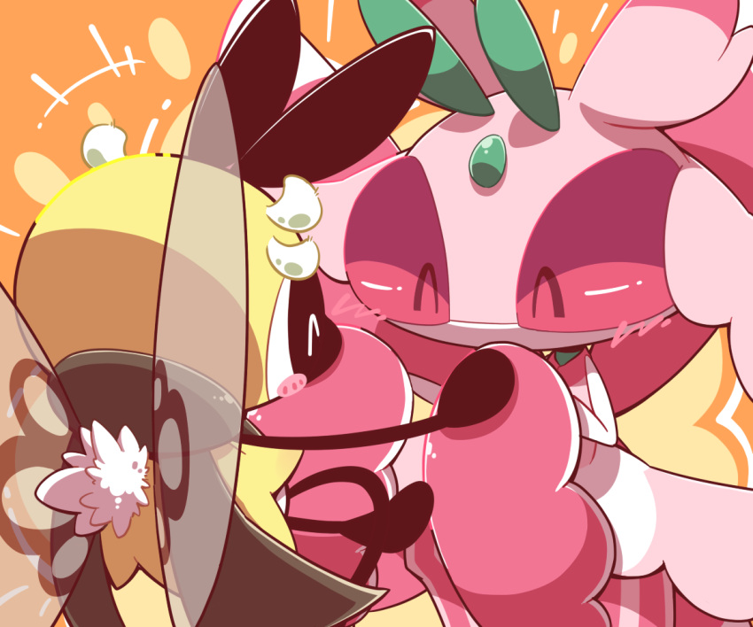 +++ ^_^ antennae arthropod_girl blush blush_stickers closed_eyes colored_sclera colored_skin commentary_request cowboy_shot female flat_chest from_behind hands_up happy holding_hands lurantis multicolored_skin nettsuu no_mouth orange_background pink_sclera pink_skin pokemon pokemon_(creature) ribombee standing transparent two-tone_skin white_skin