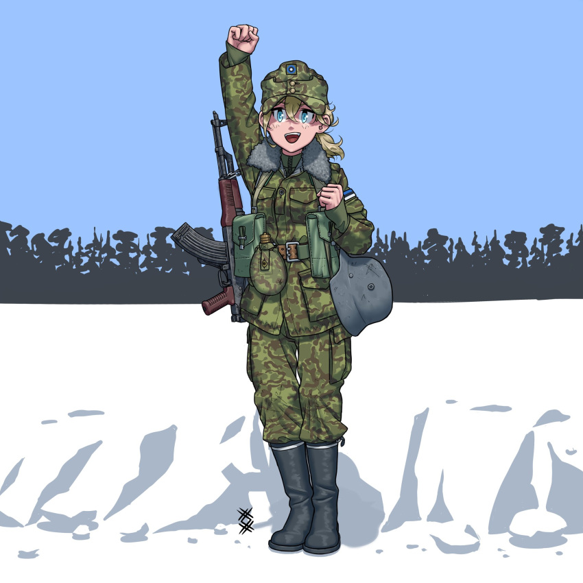 :d akm arm_up army artist_logo assault_rifle belt black_footwear blonde_hair blue_eyes blush boots brown_belt camouflage camouflage_headwear camouflage_jacket camouflage_pants clenched_hand collar english_commentary estonian_flag female flask full_body fur-trimmed_jacket fur_trim gun gun_sling hair_between_eyes hat helmet highres holding jacket kalashnikov_rifle long_hair long_sleeves looking_at_viewer medium_hair military military_hat military_uniform open_mouth original ostwindprojekt pants pocket ponytail pouch rifle simple_background smile soldier solo standing uniform weapon