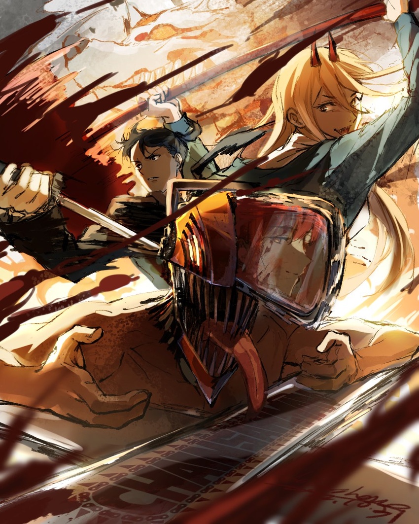 2boys 2girls black_hair black_jacket blonde_hair blood blood_on_weapon blood_splatter blood_spray blue_hoodie chainsaw_man denji_(chainsaw_man) extra_eyes formal fox_devil_(chainsaw_man) glowing glowing_eye hayakawa_aki hemokinesis highres holding holding_scythe holding_sword holding_weapon hood hoodie horns jacket katana linlinzhong looking_at_another looking_at_viewer looking_to_the_side makima_(chainsaw_man) medium_hair motion_blur motion_lines multiple_boys multiple_girls no_eyes open_mouth power_(chainsaw_man) red_hair red_horns reflection scythe serious sharp_teeth short_hair sidelocks small_horns suit sword teeth tongue tongue_out topknot topless_male weapon yellow_eyes