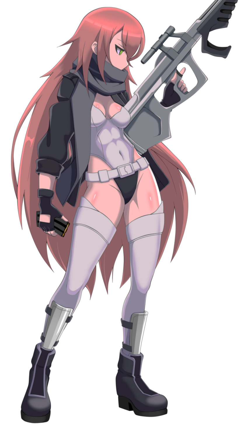 absurdres belt boots breasts cleavage cosplay cz2128_delta female fingerless_gloves ghost_in_the_shell gloves green_eyes gun hh_101 highleg highleg_leotard highres holding holding_gun holding_weapon jacket kusanagi_motoko kusanagi_motoko_(cosplay) leotard long_hair open_clothes open_jacket overlord_(maruyama) pink_hair scarf thighhighs transparent_background trigger_discipline very_long_hair weapon