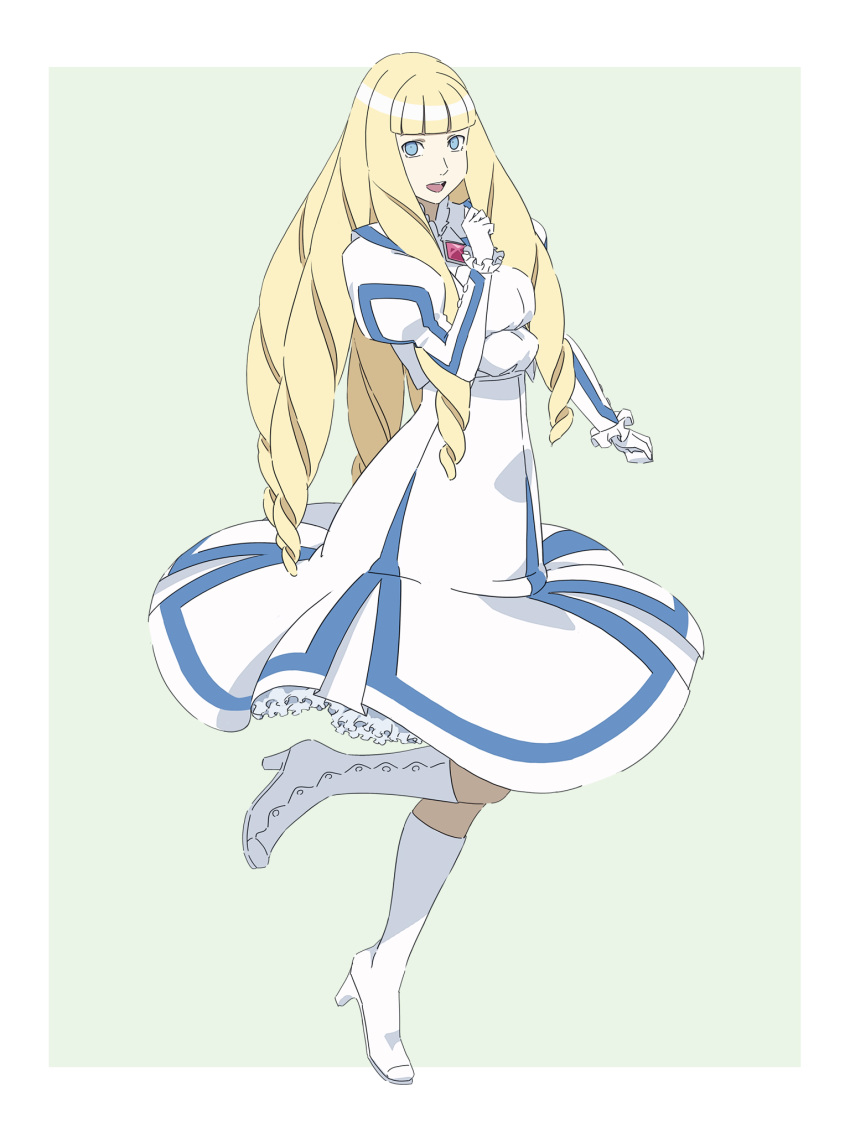 big_hair blonde_hair blue_eyes boots brooch commentary cosplay dianna_soreil dress drill_hair female frilled_dress frills gasora gloves gundam highres jacket jewelry kihel_heim kihel_heim_(cosplay) open_mouth photoshop_(medium) smile turn_a_gundam white_dress white_footwear white_gloves