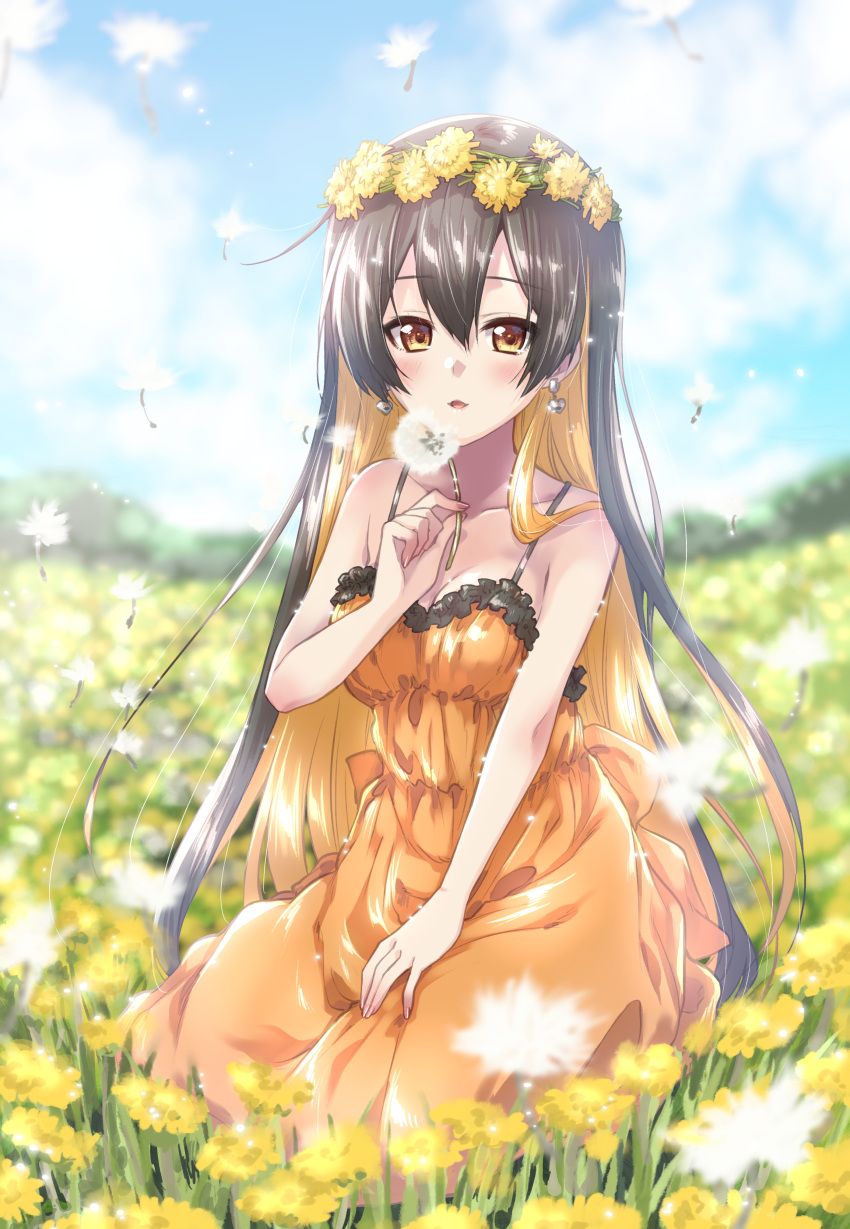 absurdres black_hair blush breasts cleavage cloud commission dandelion day dress earrings female field flower full_body hair_between_eyes head_wreath highres holding holding_flower jewelry kuroi_mimei long_hair looking_at_viewer medium_breasts monero monero-chan multicolored_hair orange_dress orange_eyes orange_hair outdoors photoshop_(medium) second-party_source seiza sitting skeb_commission sky sleeveless sleeveless_dress solo spaghetti_strap two-tone_hair very_long_hair yellow_flower