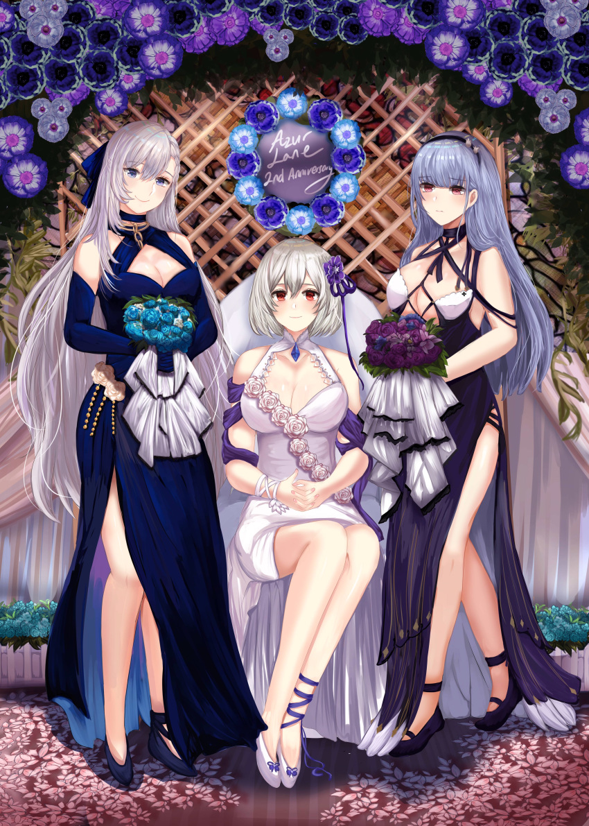 3girls absurdres azur_lane bare_shoulders belfast_(azur_lane) belfast_(the_noble_attendant)_(azur_lane) black_hairband blue_dress blue_eyes blue_gloves blue_hair blue_petals blue_sealad bouquet braid breasts cleavage cleavage_cutout clothing_cutout criss-cross_halter dido_(anxious_bisque_doll)_(azur_lane) dido_(azur_lane) dress elbow_gloves flower french_braid gloves hair_flower hair_ornament hairband halter_dress halterneck high_heels highres large_breasts long_dress long_hair medium_hair multiple_girls official_alternate_costume purple_dress red_eyes rose sirius_(azur_lane) sirius_(white_rose)_(azur_lane) sitting sleeveless sleeveless_dress very_long_hair white_dress white_flower white_hair white_rose