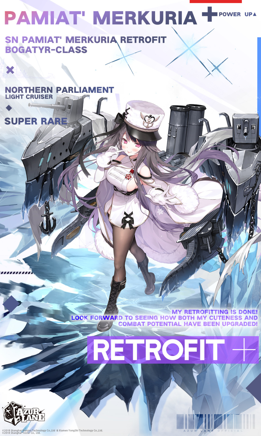 anchor azur_lane black_footwear black_legwear boots breasts byulzzi coat female finger_to_mouth fur-trimmed_coat fur_trim gloves grey_hair hat highres ice large_breasts long_hair machinery medal official_art order_of_the_patriotic_war pamiat_merkuria_(azur_lane) pamiat_merkuria_(retrofit)_(azur_lane) pantyhose promotional_art purple_eyes rigging second-party_source sideboob standing tongue tongue_out turret watermark white_gloves white_headwear