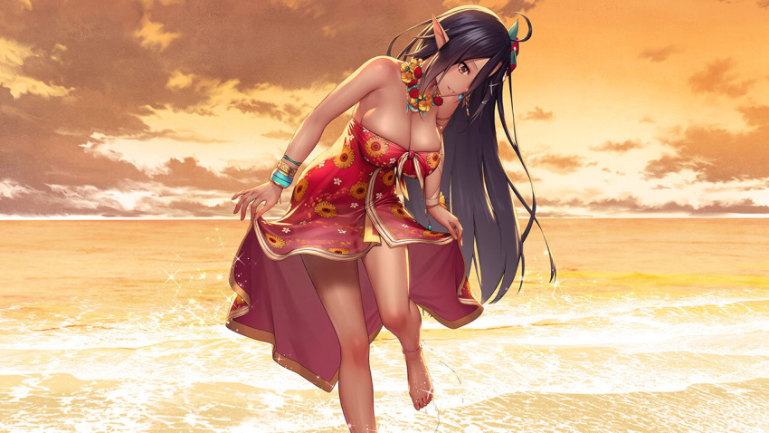 anklet artwhirl_mahou_gakuen_no_otome-tachi bare_legs barefoot beach black_hair bracelet breasts brown_eyes cleavage dark-skinned_female dark_skin dress dusk female floral_print flower game_cg hair_ornament jewelry large_breasts long_hair mana_(remana) naru_(artwhirl) ocean orange_sky outdoors pointy_ears print_dress red_dress red_flower skirt_hold sky smile solo standing standing_on_one_leg strapless strapless_dress very_long_hair wading x_hair_ornament yellow_flower