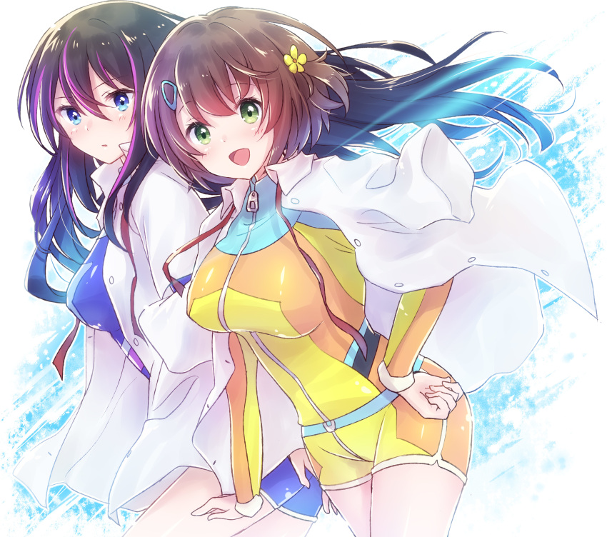 2girls absurdres aoi_misa black_hair blue_eyes bodysuit breasts brown_hair commentary diving_suit flower green_eyes hair_flower hair_ornament highres kandagawa_jet_girls long_hair medium_breasts multicolored_hair multiple_girls namiki_rin nyaa_(nnekoron) open_mouth shirt short_hair smile streaked_hair wetsuit white_shirt