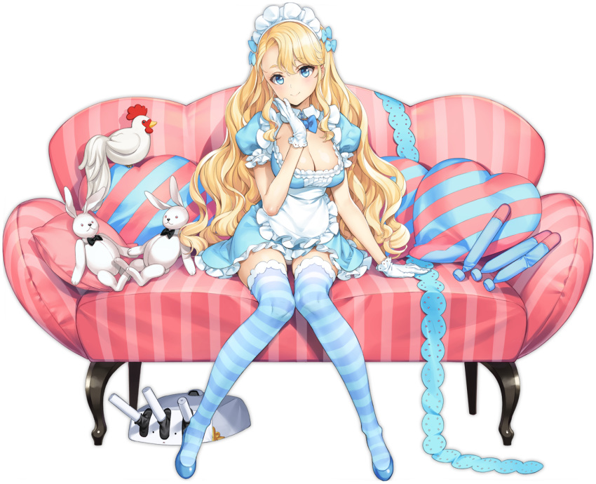 apron arm_up azur_lane blonde_hair blue_bow blue_bowtie blue_dress blue_eyes blue_footwear blue_thighhighs blush bow bowtie breasts cleavage cleavage_cutout clothing_cutout collar couch detached_collar dress emile_bertin_(azur_lane) emile_bertin_(maid_fantastique)_(azur_lane) female frills gloves hair_ornament hairbow hand_on_own_cheek hand_on_own_face knees_together_feet_apart large_breasts long_hair looking_at_viewer maid maid_headdress official_alternate_costume official_art oyari_ashito panties panty_peek pantyshot pillow puffy_short_sleeves puffy_sleeves ribbon shoes short_dress short_sleeves sitting smile solo square_neckline striped_clothes striped_thighhighs stuffed_animal stuffed_toy thigh_gap thighhighs thighs torpedo transparent_background underwear upskirt very_long_hair white_apron white_collar white_gloves white_panties