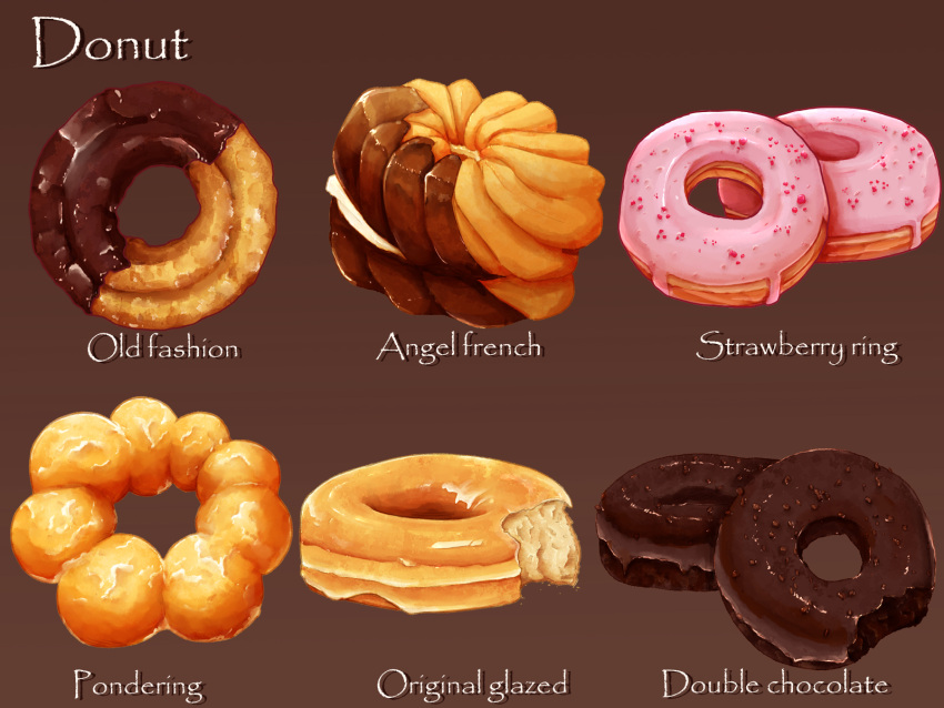 brown_background chocolate chocolate_doughnut dessert doughnut english_text food food_focus highres kaneko_ryou no_humans old-fashioned_doughnut original papyrus_(font) pastry pon_de_ring realistic simple_background still_life