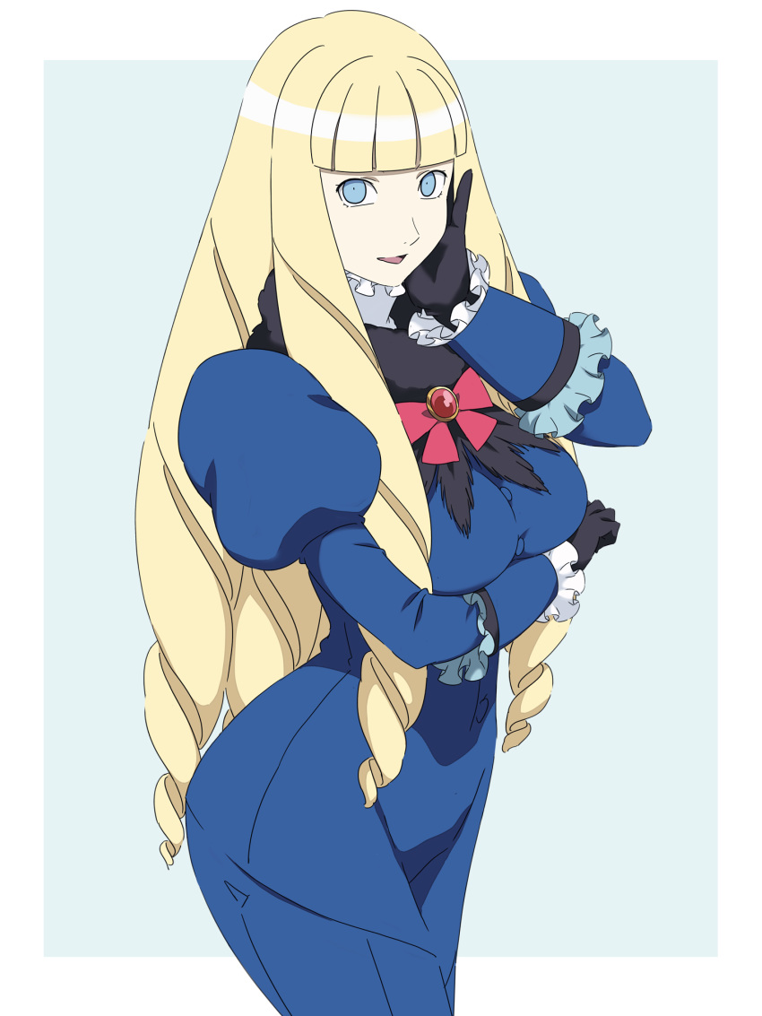 big_hair black_gloves blonde_hair blue_dress blue_eyes bow commentary cosplay dianna_soreil dress drill_hair female frills gasora gloves gundam hand_on_own_face highres jewelry kihel_heim kihel_heim_(cosplay) photoshop_(medium) pink_bow ribbon smile turn_a_gundam