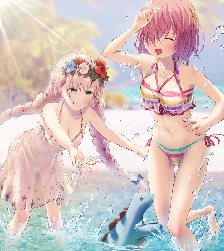 2girls absurdres anastasia_(fate) anastasia_(swimsuit_archer)_(fate) anastasia_(swimsuit_archer)_(second_ascension)_(fate) beach bikini blue_eyes blue_flower blurry blurry_background blush braid breasts closed_eyes collarbone commentary_request day dinosaur dress fate/grand_order fate_(series) fingernails flower flower_wreath grin hair_between_eyes hair_flower hair_ornament hair_over_one_eye head_wreath highres long_hair mash_kyrielight mash_kyrielight_(swimsuit_of_perpetual_summer_ver.02) medium_breasts multicolored_bikini multicolored_clothes multicolored_swimsuit multiple_girls navel official_alternate_costume open_mouth outdoors pink_hair red_flower sand see-through short_hair smile splashing ste-kun_(fate) stegosaurus striped_bikini striped_clothes sunlight swimsuit teeth tongue twin_braids wading water white_dress white_flower white_hair yumesaki_takeshi