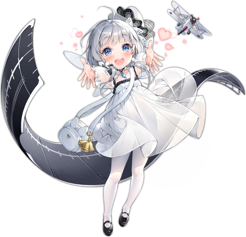 :d aged_down ahoge aircraft airplane azur_lane bell biplane black_footwear blue_eyes blush choker dress fairey_swordfish female flight_deck full_body grey_hair hair_ornament happy hat heart highres little_illustrious_(azur_lane) liyu_li long_hair long_sleeves looking_at_viewer mary_janes official_art open_mouth pantyhose see-through see-through_sleeves shoes smile solo standing teeth transparent_background white_dress white_hair white_pantyhose