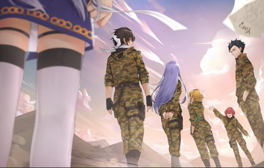 3boys 3girls 86_-eightysix- :d anju_emma arms_behind_back arms_up black_footwear black_gloves black_hair blonde_hair blue_skirt boots breasts brown_eyes camouflage camouflage_jacket camouflage_pants cloud commentary_request day fingerless_gloves gloves hair_between_eyes highres jacket kurena_kukumila long_hair long_sleeves looking_back medium_breasts military military_uniform mountain multiple_boys multiple_girls out_of_frame outdoors pants puffy_long_sleeves puffy_sleeves purple_hair raiden_shuga red_eyes red_hair scar scar_on_cheek scar_on_face shinei_nouzen short_sleeves skirt sky sleeves_past_wrists smile tapioka_(oekakitapioka) theoto_rikka thighhighs uniform very_long_hair vladilena_millize white_legwear