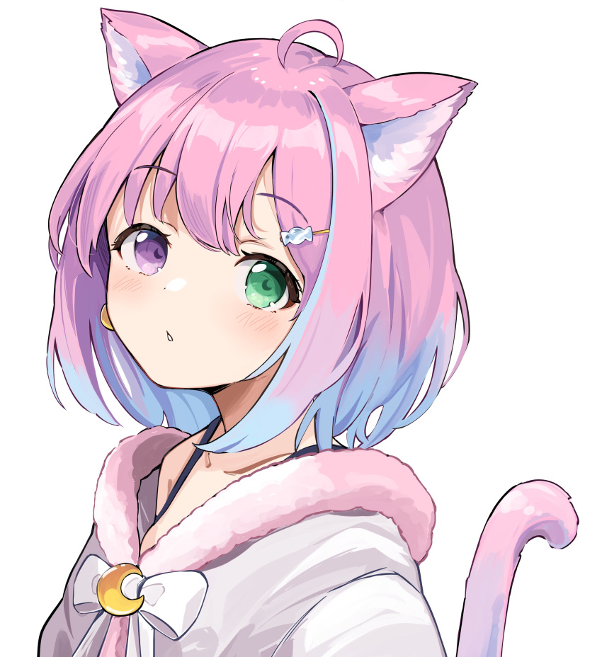 absurdres ahoge anbasa_(amaneyuz13) animal_ears blue_hair blush candy_hair_ornament cat_ears cat_girl cat_tail commentary_request female food-themed_hair_ornament fur_trim gradient_hair green_eyes hair_ornament heterochromia highres himemori_luna himemori_luna_(sundress) hololive looking_at_viewer multicolored_hair official_alternate_costume parted_lips pink_hair purple_eyes short_hair simple_background solo tail tail_raised upper_body virtual_youtuber white_background