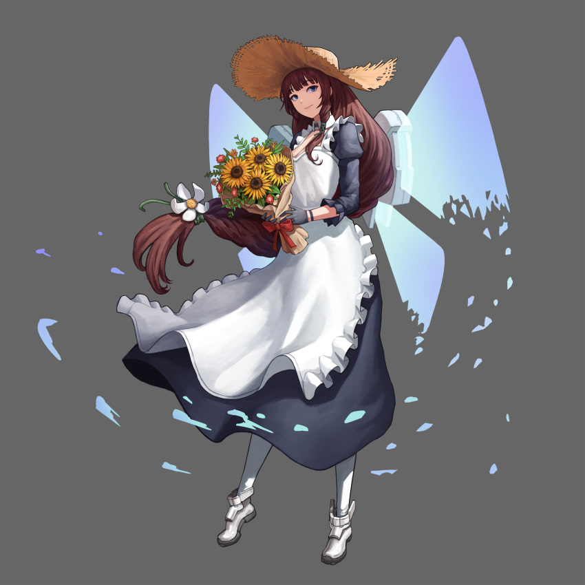 absurdres black_gloves blue_eyes bouquet breasts brown_hair cleavage daphne_(last_origin) dress energy_wings female flower full_body gloves hat highres last_origin long_hair low-tied_long_hair maid pantyhose poper_(arin_sel) smile solo straw_hat sun_hat very_long_hair white_pantyhose wings